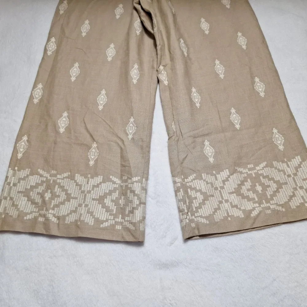 ZARA Linen Blend Embroidered Wide Leg Crop Pants Sz XL Beige Blogger Favorite